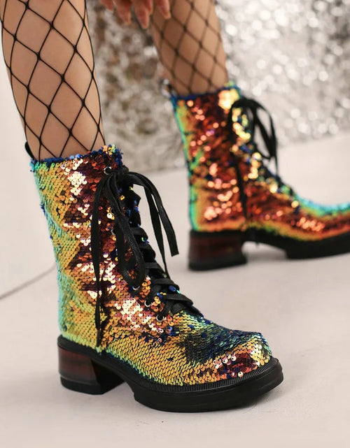 Load image into Gallery viewer, Sparkle &amp; Comfort: Sequined Platform Ankle Boots with Square Heels
