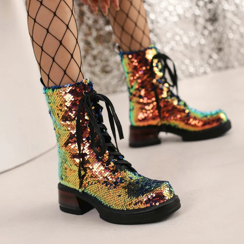 Sparkle & Comfort: Sequined Platform Ankle Boots with Square Heels