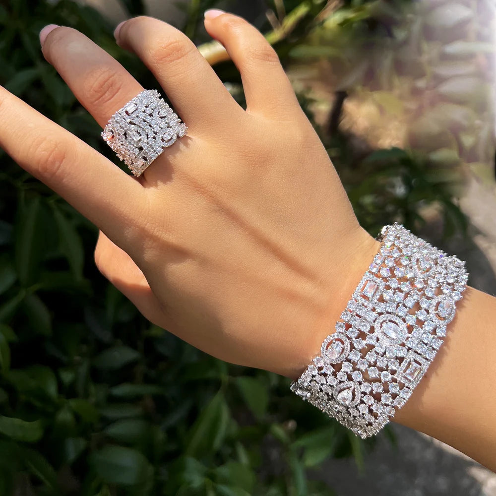 Luxury Chunky Cubic Zirconia Inlay Wide Open Cuff Bangle & Ring Set – Dubai Wedding Bridal Party Jewelry