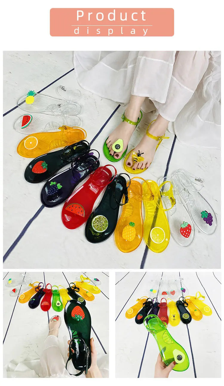 Women Fruit Jelly Sandals PVC Flat Flip-flop Sandal Ladies Summer Outdoor Fashion Non-slip Buckle Strap Beach Shoes Slides