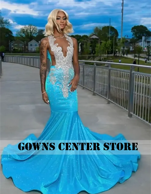 Load image into Gallery viewer, Ethereal Sparkle: Light Blue Long-Sleeve Rhinestone Prom Gown
