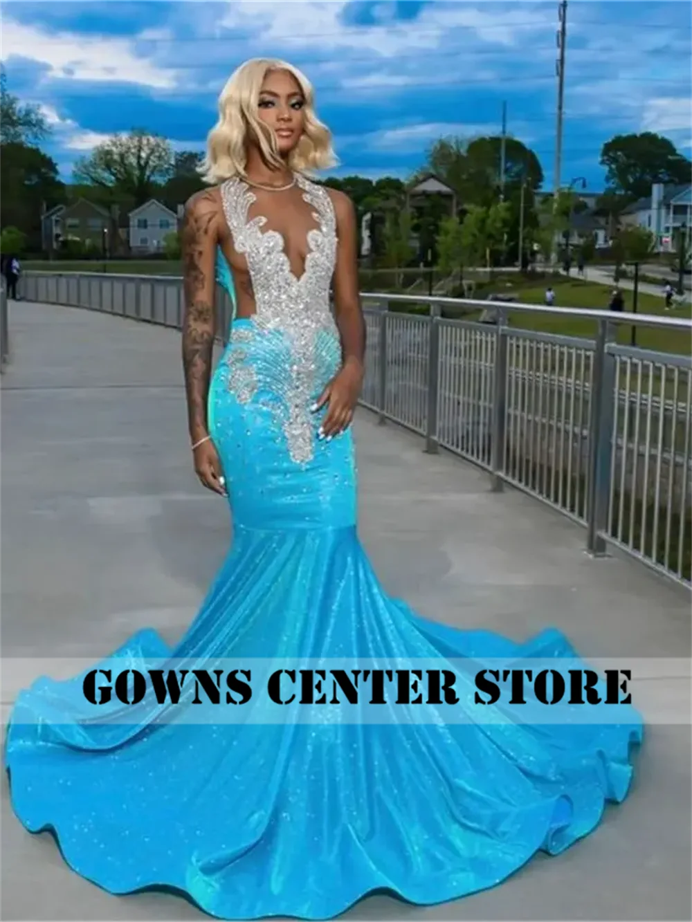 Ethereal Sparkle: Light Blue Long-Sleeve Rhinestone Prom Gown