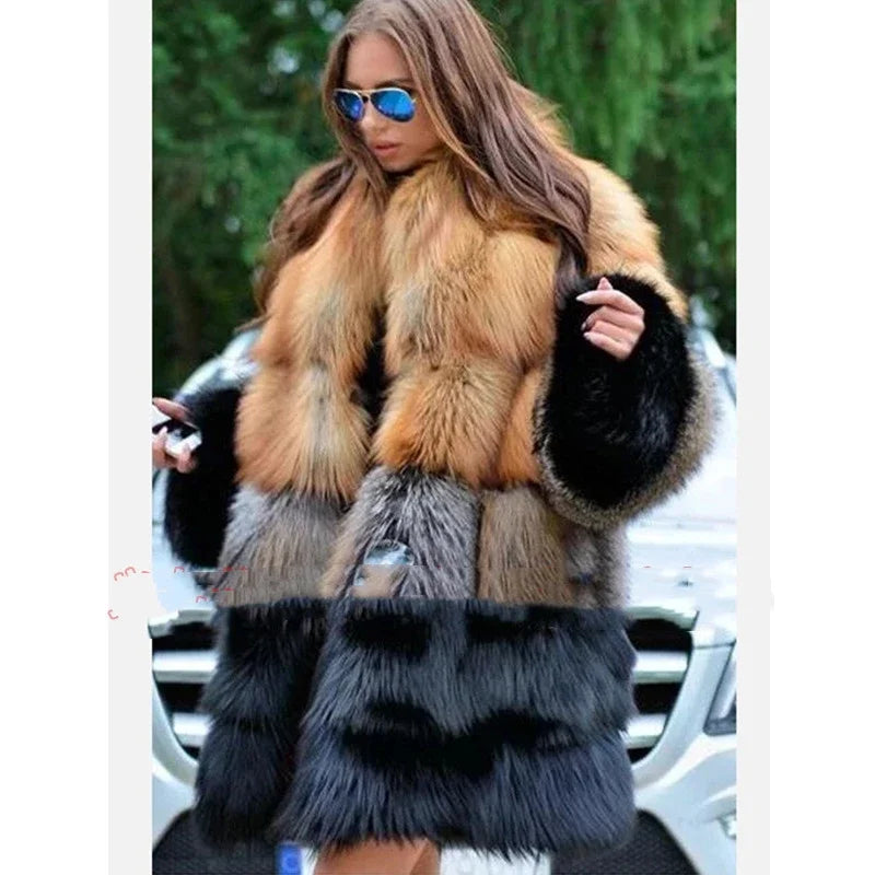 Chic Long Faux Fur Coat – Women's Winter Fashion Thick Warm Jacket with Yellow & Black Contrast Stitching Cloth