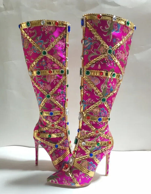 Load image into Gallery viewer, Vibrant Elegance: Colorful Rhinestone Embroidered Mid-Length Ethnic Boots
