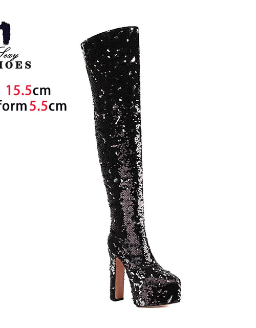 Load image into Gallery viewer, Showstopper: Sequin Over-the-Knee Platform Boots with High Heels
