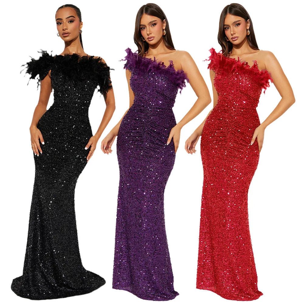 Dazzling Sequined Backless Maxi Dress with Feather & Bead Detailing – Perfect for Birthday Party