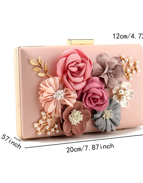 Load image into Gallery viewer, Elegant Pink Floral Evening Bag – Pearl &amp; Diamond Clutch with Glitter Shoulder Chain
