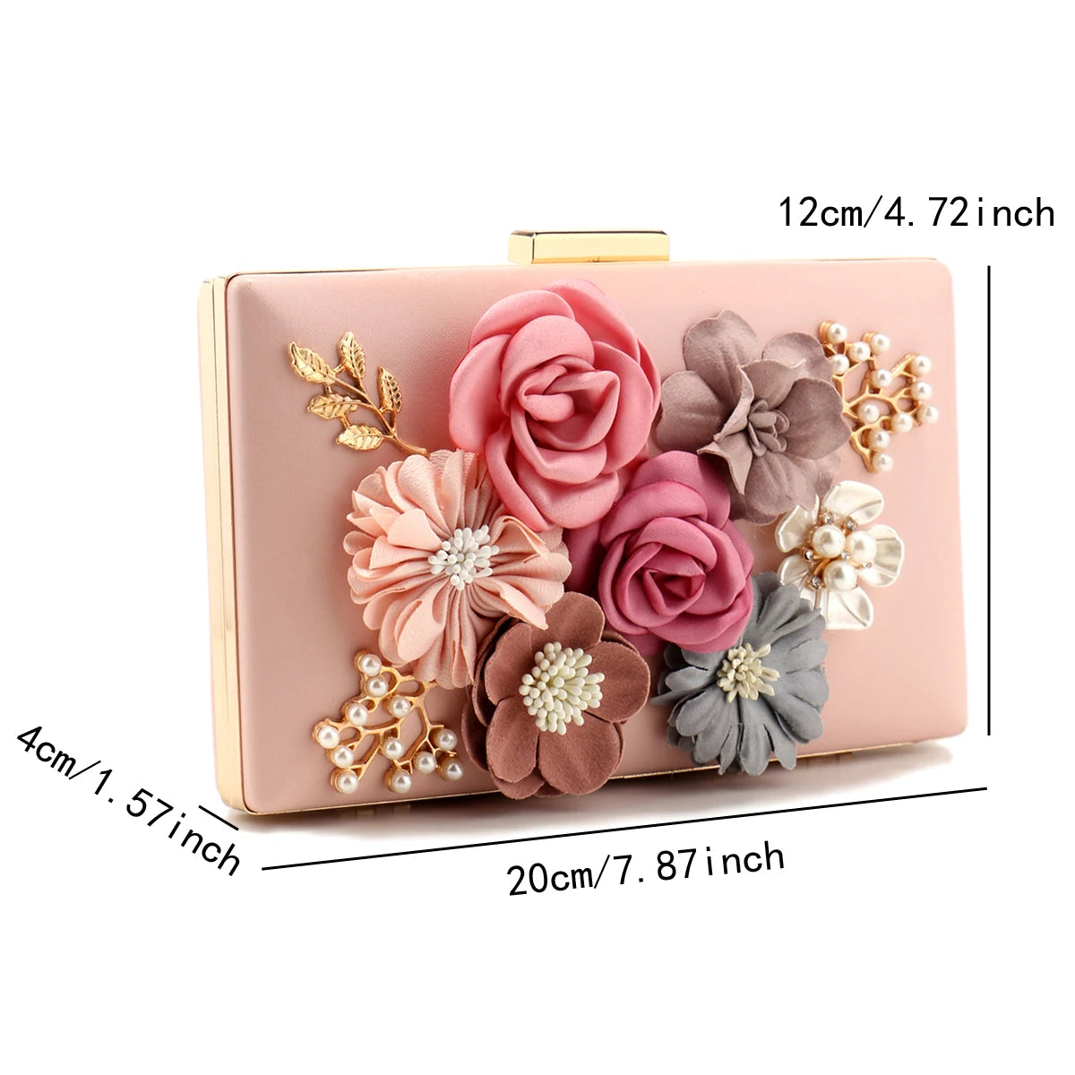 Elegant Pink Floral Evening Bag – Pearl & Diamond Clutch with Glitter Shoulder Chain