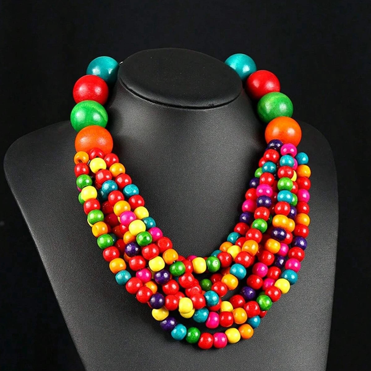 African Style Bohemian Multi-layer Wooden Bead Handmade Beaded Bib Necklace For Women