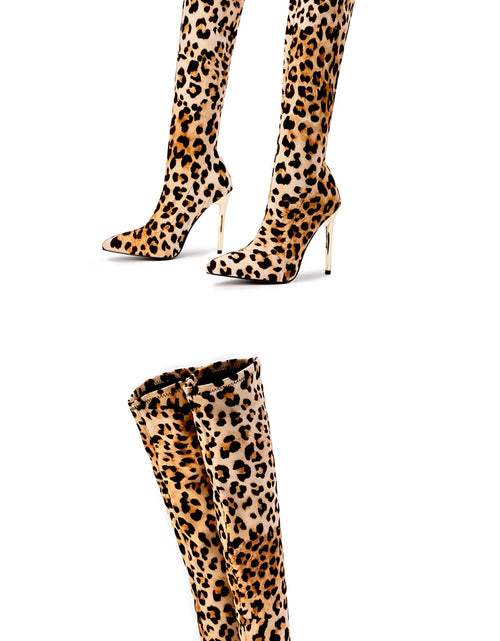 Load image into Gallery viewer, Chic &amp; Bold: Women&#39;s Leopard Print Long Boots with Slim Heels - Sexy, Stylish &amp; Plus-Size Friendly!
