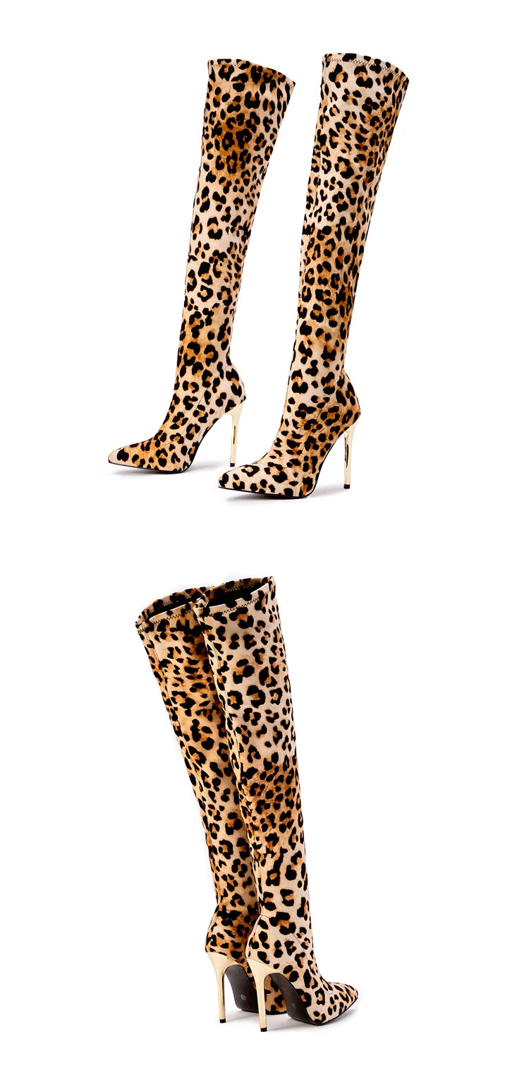 Chic & Bold: Women's Leopard Print Long Boots with Slim Heels - Sexy, Stylish & Plus-Size Friendly!