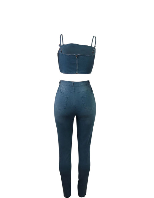 Load image into Gallery viewer, Sexy Denim Two-Piece Set – Women’s Crop Top and Pants Matching Outfit
