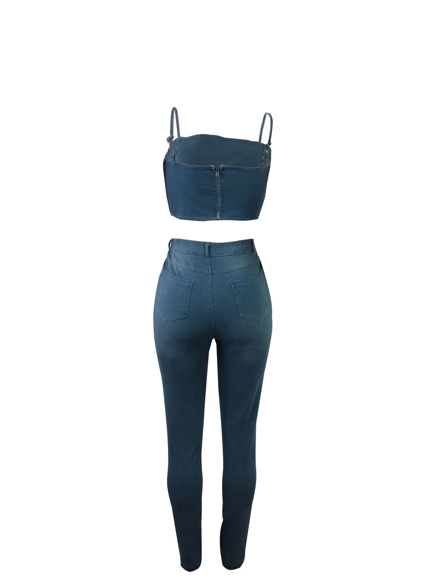 Sexy Denim Two-Piece Set – Women’s Crop Top and Pants Matching Outfit