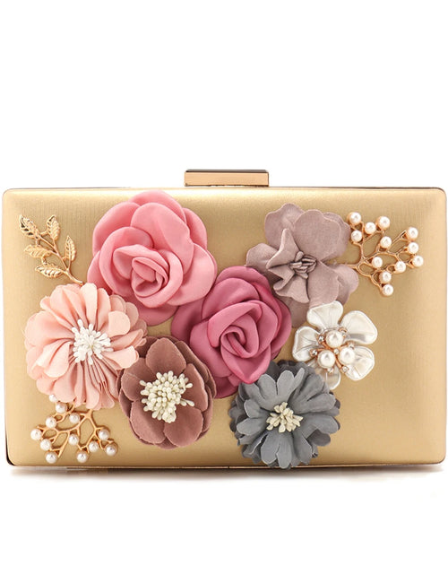 Load image into Gallery viewer, Elegant Pink Floral Evening Bag – Pearl &amp; Diamond Clutch with Glitter Shoulder Chain
