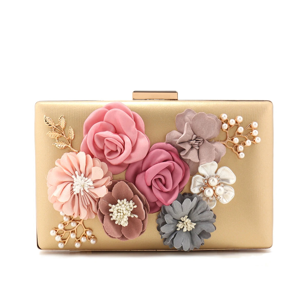 Elegant Pink Floral Evening Bag – Pearl & Diamond Clutch with Glitter Shoulder Chain