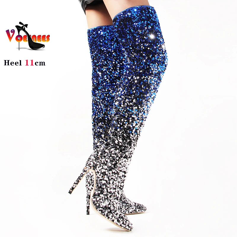 Shimmer & Stride: Gradient Sequin Over-the-Knee Boots with 11CM Heels