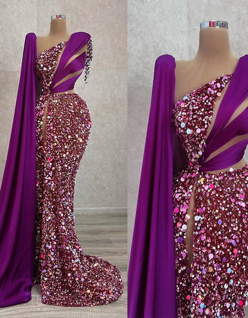 Load image into Gallery viewer, Elegant One-Shoulder Purple Evening Dress with Sequins, Beading, and Side Split
