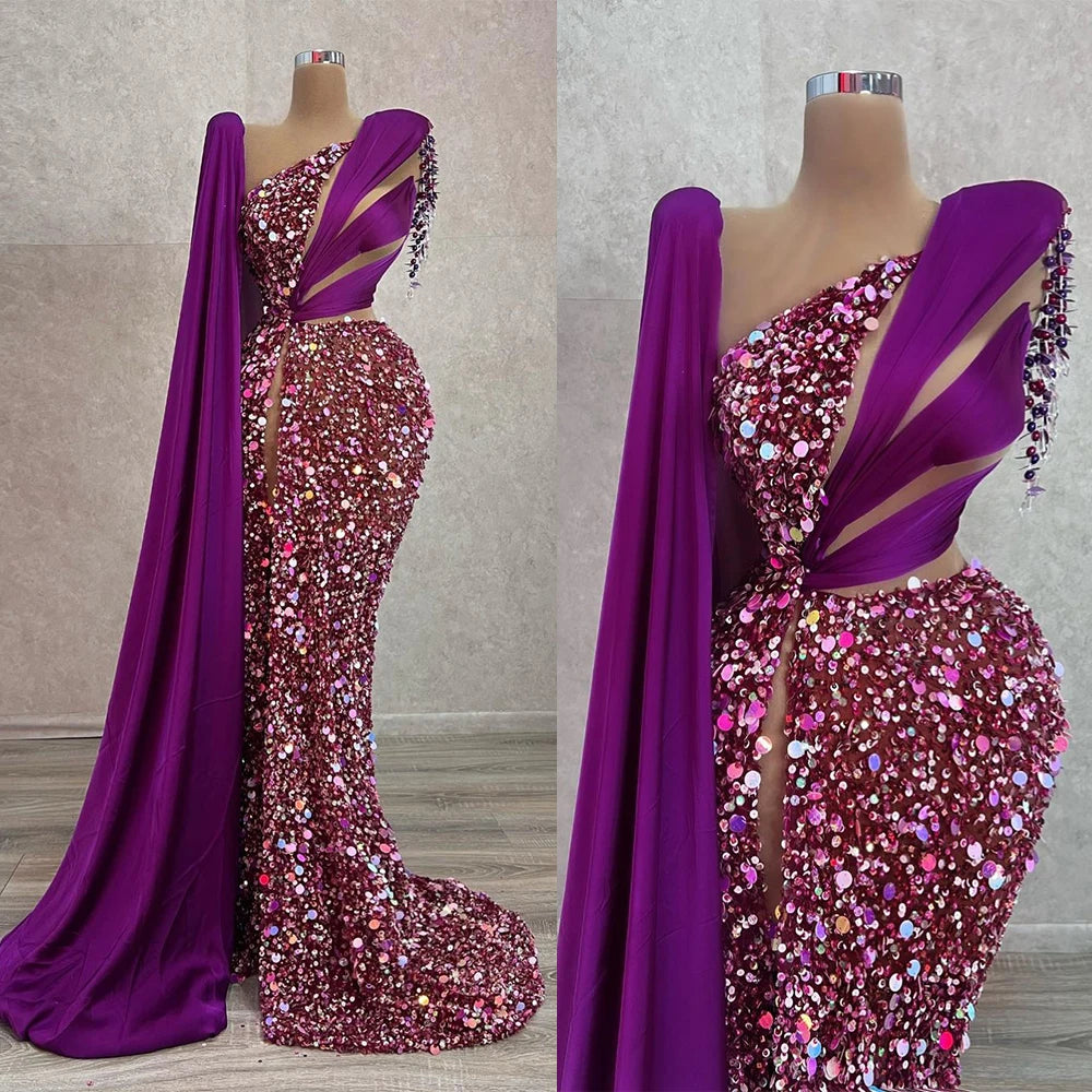 Elegant One-Shoulder Purple Evening Dress with Sequins, Beading, and Side Split