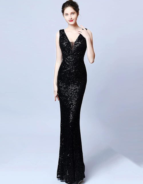 Load image into Gallery viewer, Women Wedding Sequin Dress V-Neck Sleeveless Dress Mermaid Maxi Long Dress Formal Evening Prom Gowns
