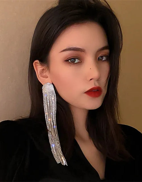 Load image into Gallery viewer, Long Tassel Full Rhinestone Drop Earrings for Women Ovsize Crystal Dangle Earrings Fashion Jewelry Accessories
