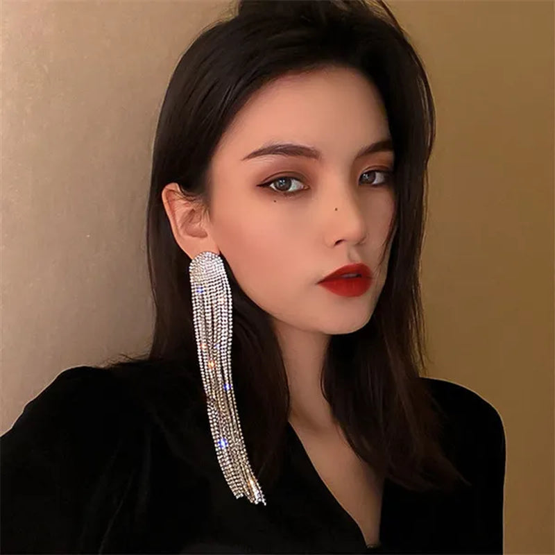 Long Tassel Full Rhinestone Drop Earrings for Women Ovsize Crystal Dangle Earrings Fashion Jewelry Accessories