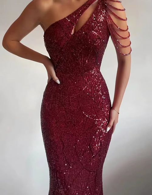 Load image into Gallery viewer, Elegant One Shoulder Burgundy Sequin Dress Women Beading Long Dress 2022 Party Maxi Dress 18519
