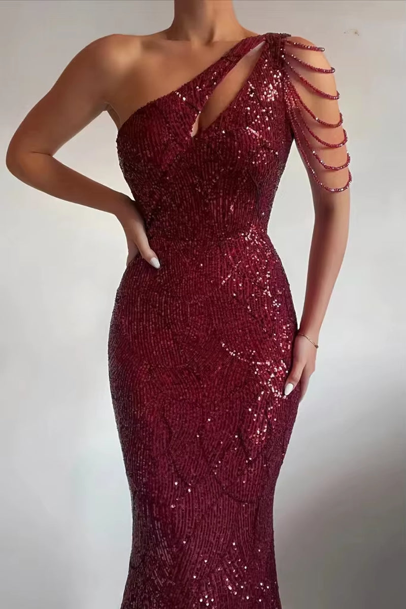 Elegant One Shoulder Burgundy Sequin Dress Women Beading Long Dress 2022 Party Maxi Dress 18519