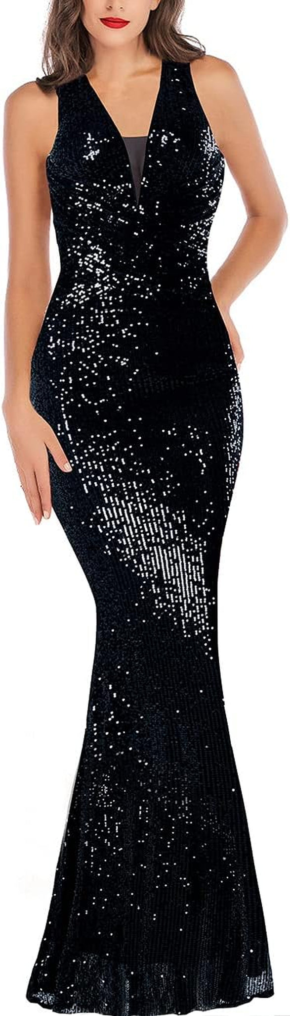 Women Wedding Sequin Dress V-Neck Sleeveless Dress Mermaid Maxi Long Dress Formal Evening Prom Gowns